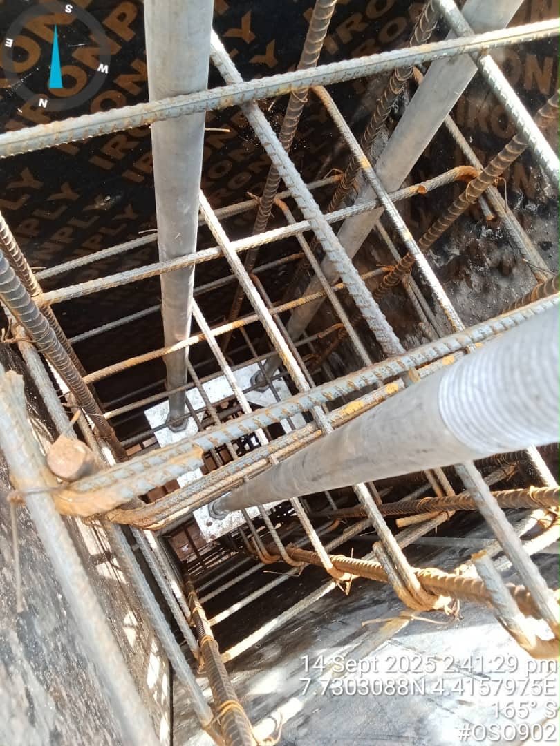 Rebar cage with survey compass overlay