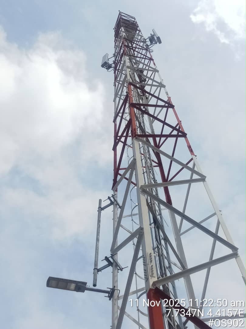 Completed telecommunications tower with mounted antennas